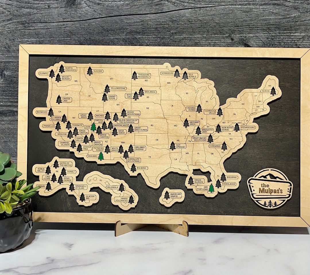 National Park Bucket List Map - Personalized Wooden Travel Tracker - 18x11 Wood Sign Checklist - Retirement or Hiking Gift - 63 Parks Track