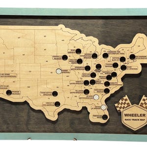 Raceways Bucket List Map | Race Track Display for Motorsports Fans | Personalized Racing Tracker Gift | Handcrafted Wooden Travel Map USA Ebony