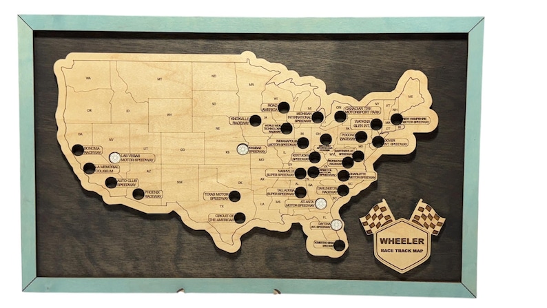 Raceways Bucket List Map | Race Track Display for Motorsports Fans | Personalized Racing Tracker Gift | Handcrafted Wooden Travel Map USA Ebony