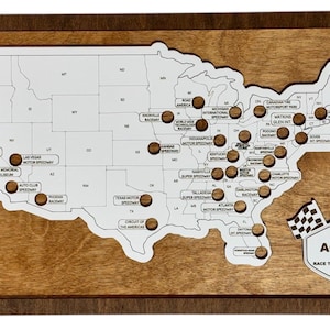 Raceways Bucket List Map | Race Track Display for Motorsports Fans | Personalized Racing Tracker Gift | Handcrafted Wooden Travel Map USA Honey