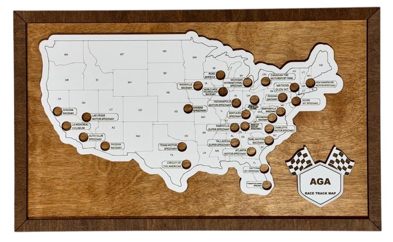 Raceways Bucket List Map | Race Track Display for Motorsports Fans | Personalized Racing Tracker Gift | Handcrafted Wooden Travel Map USA Honey