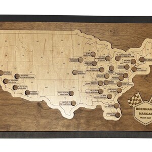 Raceways Bucket List Map | Race Track Display for Motorsports Fans | Personalized Racing Tracker Gift | Handcrafted Wooden Travel Map USA Dark Walnut