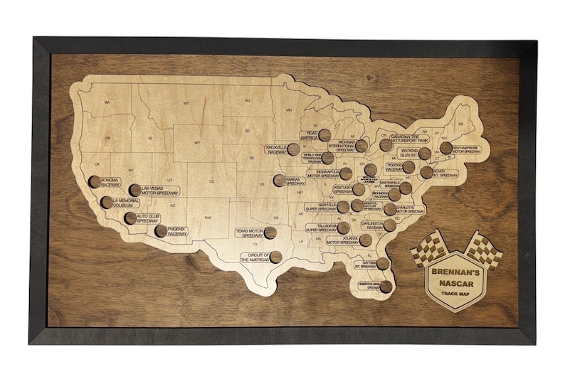 Raceways Bucket List Map | Race Track Display for Motorsports Fans | Personalized Racing Tracker Gift | Handcrafted Wooden Travel Map USA Dark Walnut