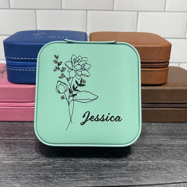 Birth Flower Jewelry Travel Case, Birth Month Flower Gift, Personalized Birthday Gift, Leather Jewelry Travel Case, Custom Jewelry Case