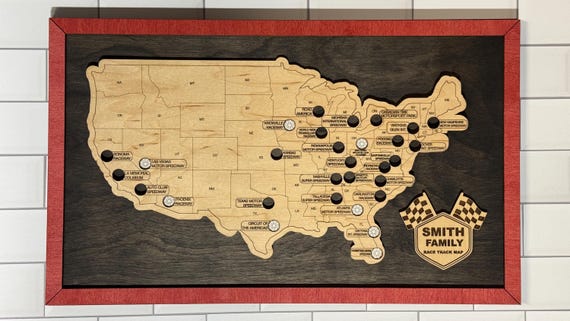 Raceways Bucket List Map | Race Track Display for Motorsports Fans | Personalized Racing Tracker Gift | Handcrafted Wooden Travel Map USA