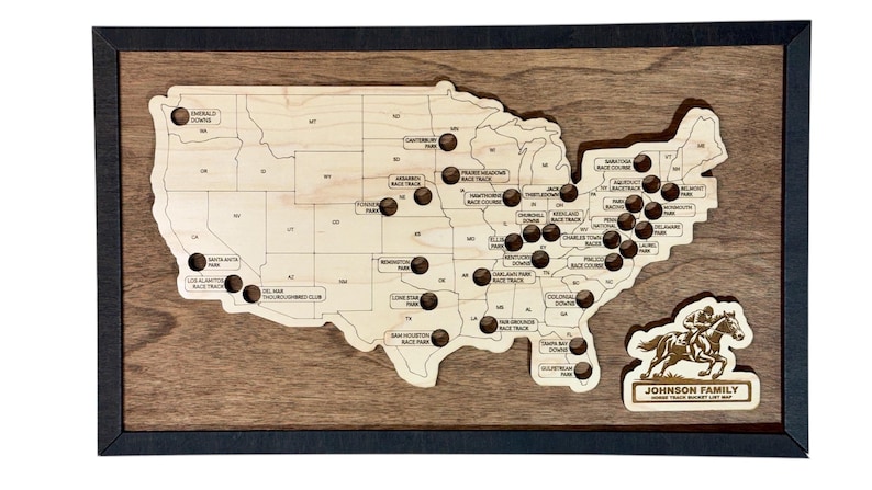 Horse Racing Bucket List Map | Wooden Racetrack Travel Tracker | Framed Gift for Horse Racing Fans & Bettors Dark Walnut