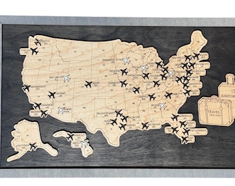 Large USA Airport Bucket List Map–Oversized Wooden Travel Tracker with Plane Tokens, Gift for Pilots, Travelers, Aviation Fans & Collectors