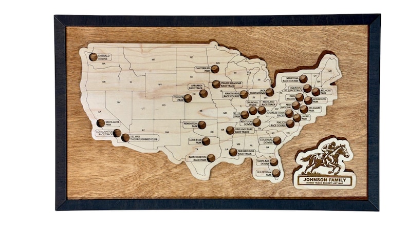Horse Racing Bucket List Map | Wooden Racetrack Travel Tracker | Framed Gift for Horse Racing Fans & Bettors Honey