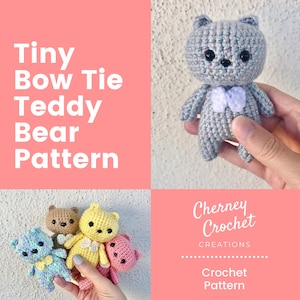 Pode incluir: Padrão de crochê para um pequeno urso de peluche com gravata borboleta. O padrão está disponível para download. A imagem mostra quatro ursos de peluche de diferentes cores: cinza, marrom, amarelo e rosa.