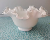 Fenton Silvercrest Ruffled Milk glass candy dish with clear glass ruffled rim. Vintage Fenton. Free shipping.