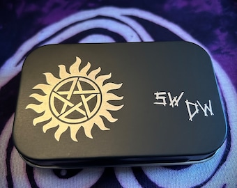 Winchester inspired anti-demon possession Engraved Stash Tin