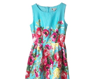 Leslie Fay Vintage Robin Egg Blue Pink Floral Pattern Fit & Flare Dress Size 4