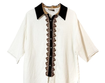 Basement U.S.A. Vintage Cream Linen Brown Velvet Collar Tunic Women's Size L