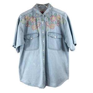 Vintage AMRAV American Rave Chambray Floral Puff Paint Short Sleeve Button Down