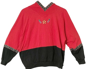 Vintage 62 East Red & Black Floral Embroidered Hooded Women's Sweater Medium