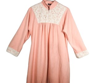 Vanity Fair Vintage House Coat Robe Floral Pink Ivory Half Zip Micro-Fleece