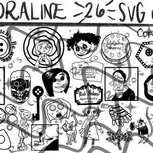 Könnte beinhalten: Ein Schwarzweiß-Paket mit digitalen Illustrationen mit 26 SVG-Bildern von Charakteren und Objekten aus dem Film Coraline. Das Paket enthält Bilder von Coraline, der Anderen Mutter, den Knopfaugen, der Katze und anderen Charakteren und Objekten aus dem Film.