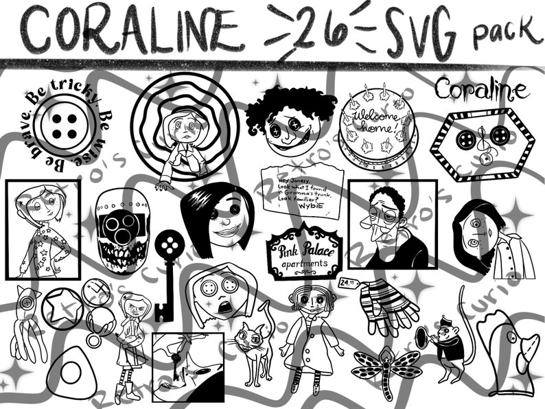Pode incluir: Um pacote de ilustra&ccedil;&otilde;es digitais em preto e branco com 26 imagens SVG de personagens e objetos do filme Coraline. O pacote inclui imagens de Coraline, a Outra M&atilde;e, os olhos de bot&atilde;o, o gato e outros personagens e objetos do filme.
