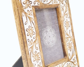 SALE Handcrafted Table Photo frame in Floral design with carving in wood for 4 by 6 inch photo size - By MyArtsyHouse