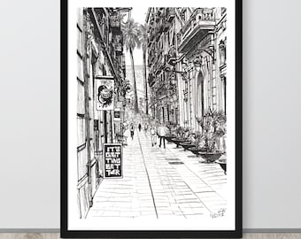 Impression d&#39;art – La calle y dos palmeras en el Barrio del Raval de Barcelona. Poster de un jeune garçon en direct