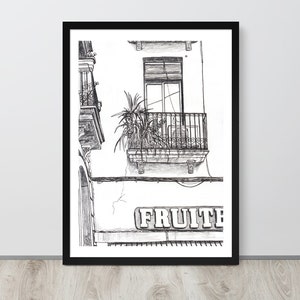 Art Print – Un balcón encima de la frutería. Barrio local de Clot de Barcelona. Póster de un dibujo hecho en directo