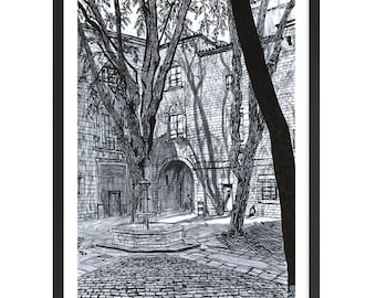 Impression d&#39;art de la place Sant Felip Neri de la Ciutat Vella de Barcelona. Impression en BLANCO et NEGRO