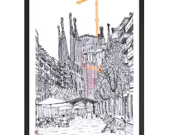 Impression d&#39;art originale de l&#39;oeuvre architecturale et moderniste de A. Gaudí : la Sagrada Família. Réalisée sur l&#39;Avenida Gaudí.