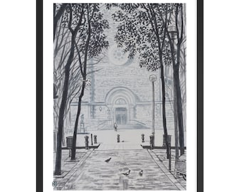 Impression de Barcelone – Ilustración de la Virreina, en el bohemio Barrio de la Vila de Gràcia. Dibujo para tous les amoureux de Gràcia.