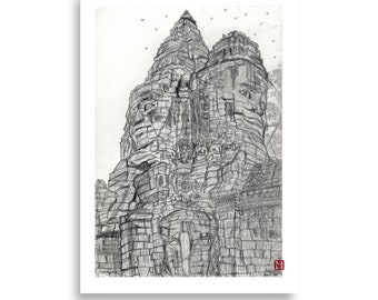 Art Print de Angkor Thom de Camboya. Ilustración en BLANCO y NEGRO perfecta para todo enamorado de ASIA.