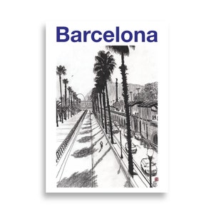 Impresión de arte - Impresión del paseo marítimo de Barcelona realizada a dibujo mostrando al fondo Montjuic y la torre de Colón.