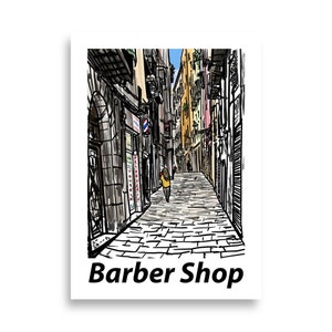 Barber Shop Art Print dibujo digital de la calle con peluquería de la Ciutat Vella de Barcelona