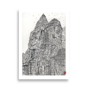 Kunstdruck von Angkor Thom de Camboya. Ilustración en BLANCO y NEGRO perfecta para todo enamorado de ASIA.