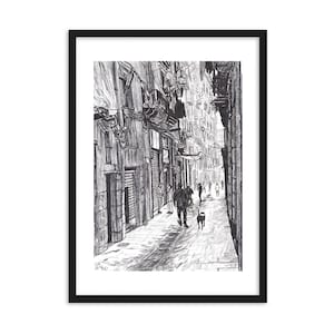 Lámina artística del Raval de Barcelona, boceto urbano de un hombre y un perro, dibujo lineal a mano de Takayuki Maejima