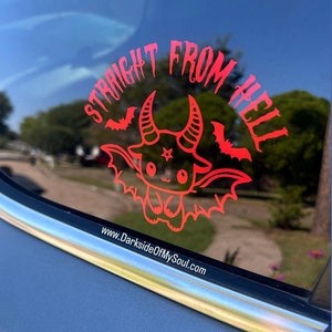 May include: Red vinyl sticker with a cartoon devil with wings and the text "Straight From Hell" and the website "www.DarksideOfMySoul.com".