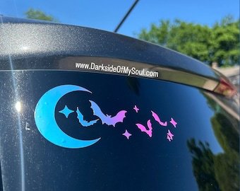 Spooky Moon And Bats Decal, Bat Decal, Bat Decals, Car Decals, Kawaii Goth Decal, Moon Decal, Spooky Moon Decal, Pastel Goth Decals