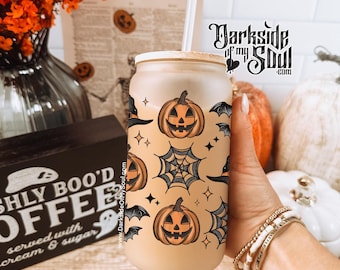 Halloween Grid Frosted Cup, Frosted Glass Cup, Halloween Cup, Halloween Drinkware, Spooky Frosted Cup, Coffee Lover Gift, Witchy Frosted Cup