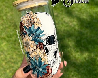 Skull With Flowers Glass Cup, Glass Cup, Spooky Glass Cups, Spooky Drink Ware, Goth Glass Cups, Glass Cups, Skull Glass Cup