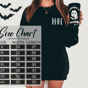 May include: Black sweatshirt with the text "D-O-M-S" and a size chart in inches. The chart shows the width and length of the sweatshirt in inches for sizes S through 4X.