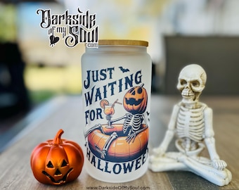 Just Waiting For October, Frosted Glass Cup, Halloween Glass Cup, Coffee Lovers, Summerween, Spooky Summer Cup, Skeleton Coffee Cup