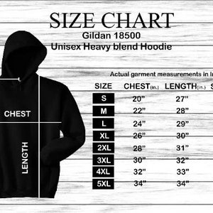May include: Size chart for a Gildan 18500 Unisex Heavy blend Hoodie. The chart shows measurements in inches for chest, length, and sleeve for sizes S through 5XL.