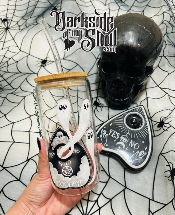 Spooky Ghosts Glass Cup, Witchy Glass Cup, Goth Glass Cup, Spooky Drinkware, Goth Drinkware, Halloween Glass Cup, Conjuring Spirits Cup