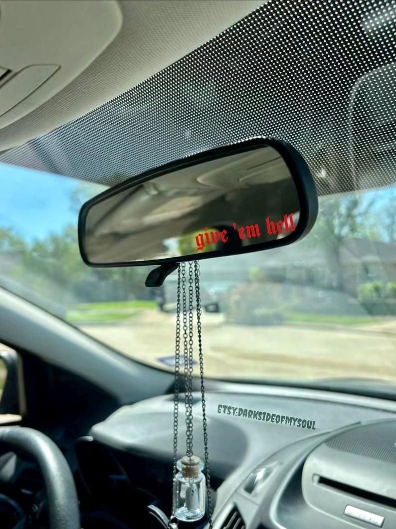 Give 'em hell, Car decals, rear view mirror decal, goth decals, goth car decal, goth car decor, trendy mirror decal, spooky car decal, hell image 2