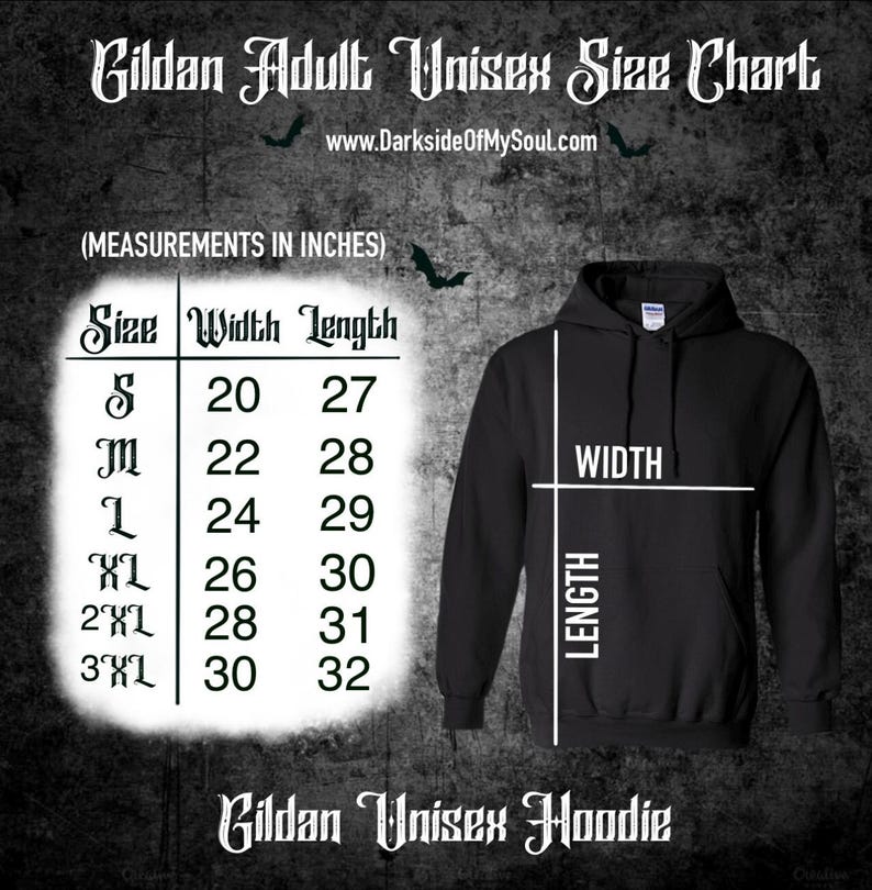 May include: Size chart for a Gildan unisex hoodie, showing measurements in inches for width and length. The chart includes sizes S, M, L, XL, 2XL, and 3XL. A black hoodie is shown with the measurements labeled.