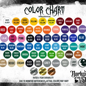 May include: Color chart with a variety of colors, including white, yellow, red, orange, pink, blue, green, brown, beige, cream, grey, black, silver, gold, and copper. The chart is labeled "Color Chart" and "Darkside of my Soul".