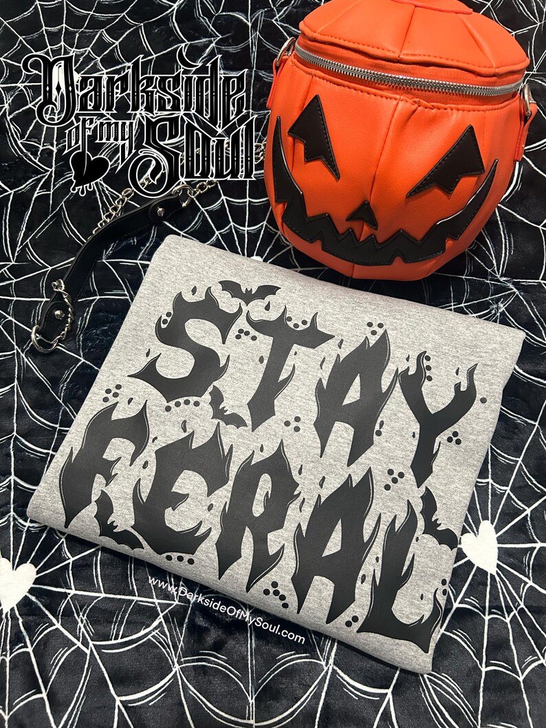 May include: A grey sweatshirt with the text "Stay Weird" in black, surrounded by bats and flames. The sweatshirt is on a black and white spiderweb background. A small orange pumpkin-shaped bag with a black face is in the top left corner.