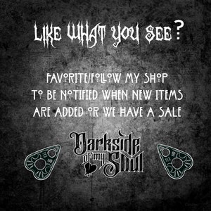 May include: Black and white graphic design with the text "Darkside of my Soul" and two black and white images of a Ouija board planchette with the words "Yes" and "No" on them. The text "Like what you see? Favorite/Follow my shop to be notified when new items are added or we have a sale" is also included.
