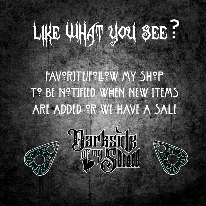 May include: Black and white graphic design with the text "Darkside of my Soul" and two black and white images of a Ouija board planchette with the words "Yes" and "No" on them. The text "Like what you see? Favorite/Follow my shop to be notified when new items are added or we have a sale" is also included.