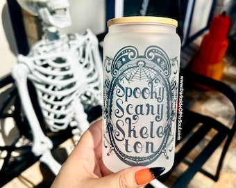 Spooky Scary Skeleton, Frosted Glass Cup, 16oz. Libby Glass Cup, Cold Coffee Frosted Glass Cup, Halloween Frosted Cup, Spooky Drinkware