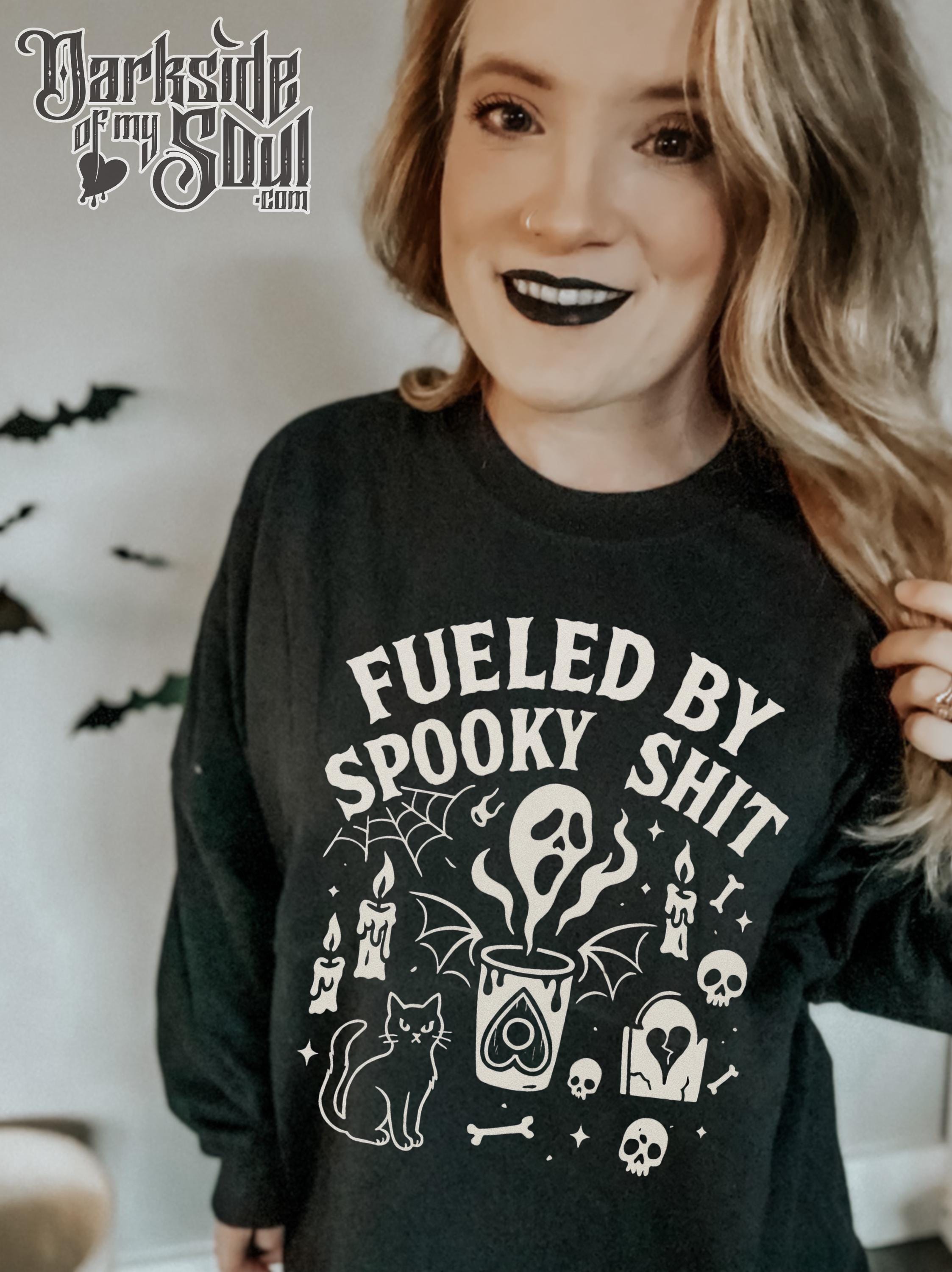 Fueled by spooky shit, Spooky vibes, spooky vibes sweater, Halloween hoodie, spooky ghost shirt, spooky vibes hoodie, witchy sweater, bruja