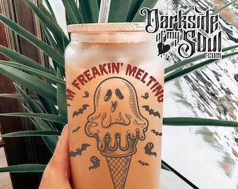 I'm Freakin Melting, 16oz. Frosted Glass Cup, Summerween, Spooky Summer Frosted Cup, Libby 16oz. Frosted Cup, Spooky Summer Vibes